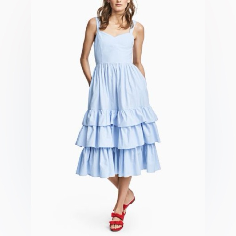 H&M Poplin 100% Cotton Light Blue Tiered Maiolica Dress size 4